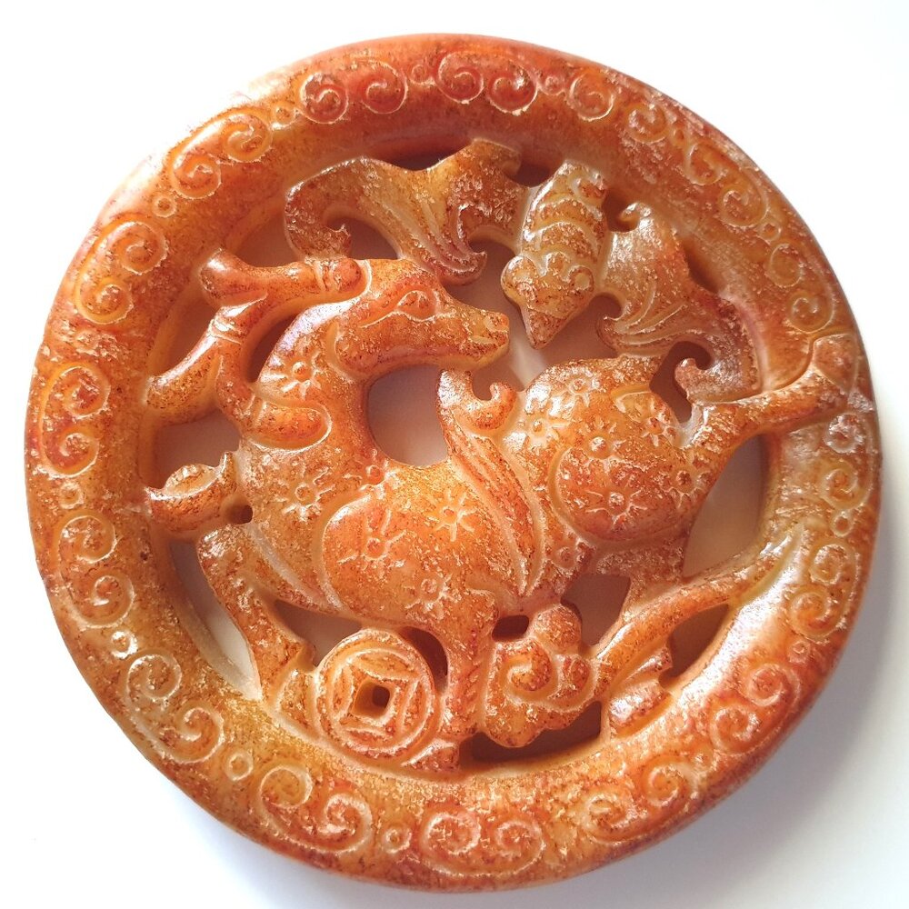2.25’’ Unique Vintage China Old Hand Carved Brown Jade Stag Talisman Pendant
